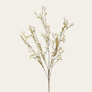 Close-up of a 35-inch faux white Chamelaucium spray stem featuring delicate ivory-white blooms and branching stems, ideal for adding airy texture, movement, and natural layering to luxury floral arrangements, wedding florals, spring centerpieces, and modern coastal home decor.
