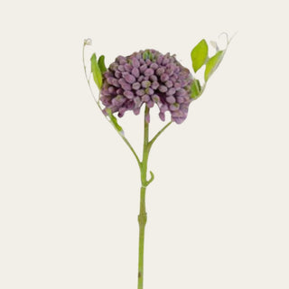 Zoomed in Purple Real Touch Sedum Stem featuring realistic clustered buds with a natural chalk-like finish and flexible stem, ideal for adding texture, movement, and layered dimension to arrangements with hydrangeas, peonies, roses, and seasonal greenery throughout spring, summer, fall, and winter decorating.