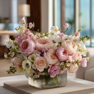 Blush and pink mixed faux floral arrangement with roses and seasonal blooms in a glass vase, styled on a marble table in a bright modern living room