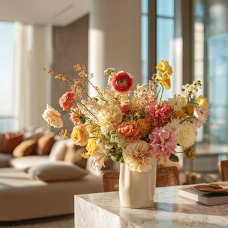 Floral arrangement in a vase on a table with a blurred indoor background