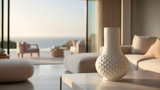 White textured ceramic vase with raised dot detail on a marble table, styled in a modern coastal living room with ocean view, used as a floral vase pairing guide header image