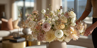 High end faux floral arrangement from True Bloom Floral with woman arranging and caring for florals