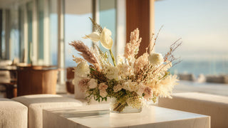 mixed flower Floral arrangement on a table with a scenic background