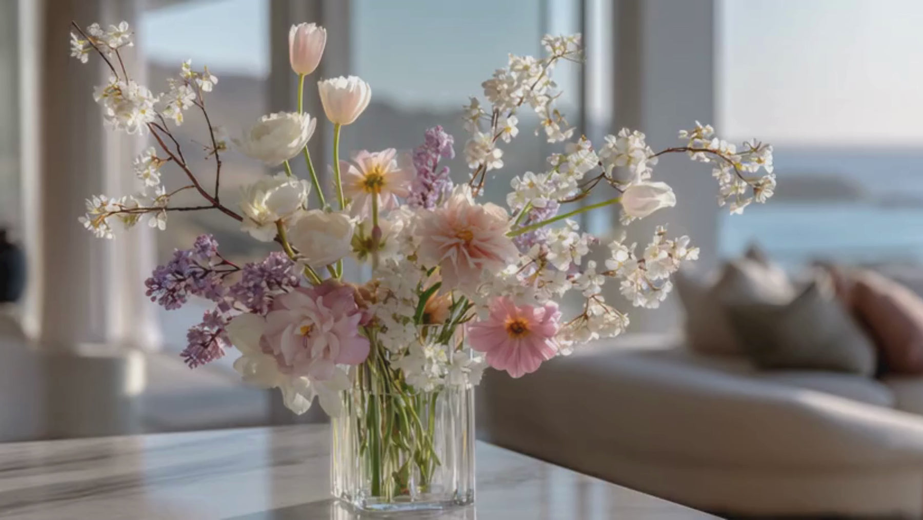 Airy spring floral arrangement with tulips, cherry blossom branches, and pastel blooms in a clear glass vase, styled in a sunlit modern interior