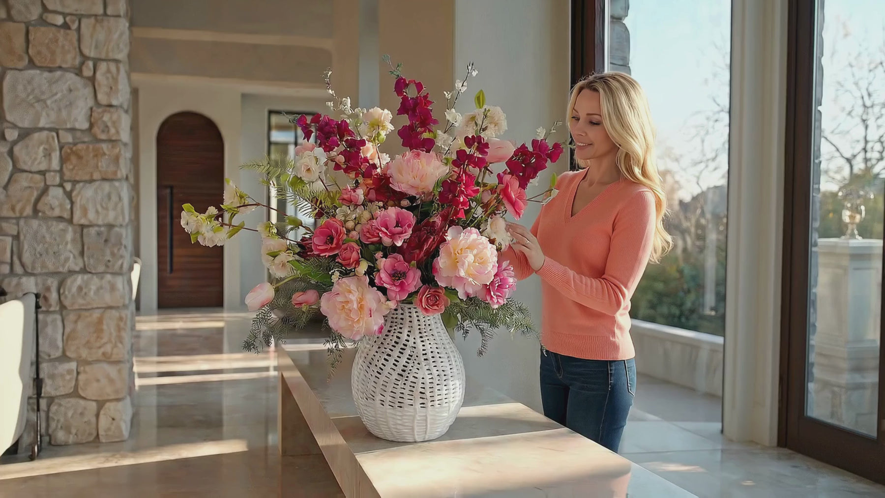Mel styling the true bloom floral coral cadence large floral arrangement in a luxury home with mountain views