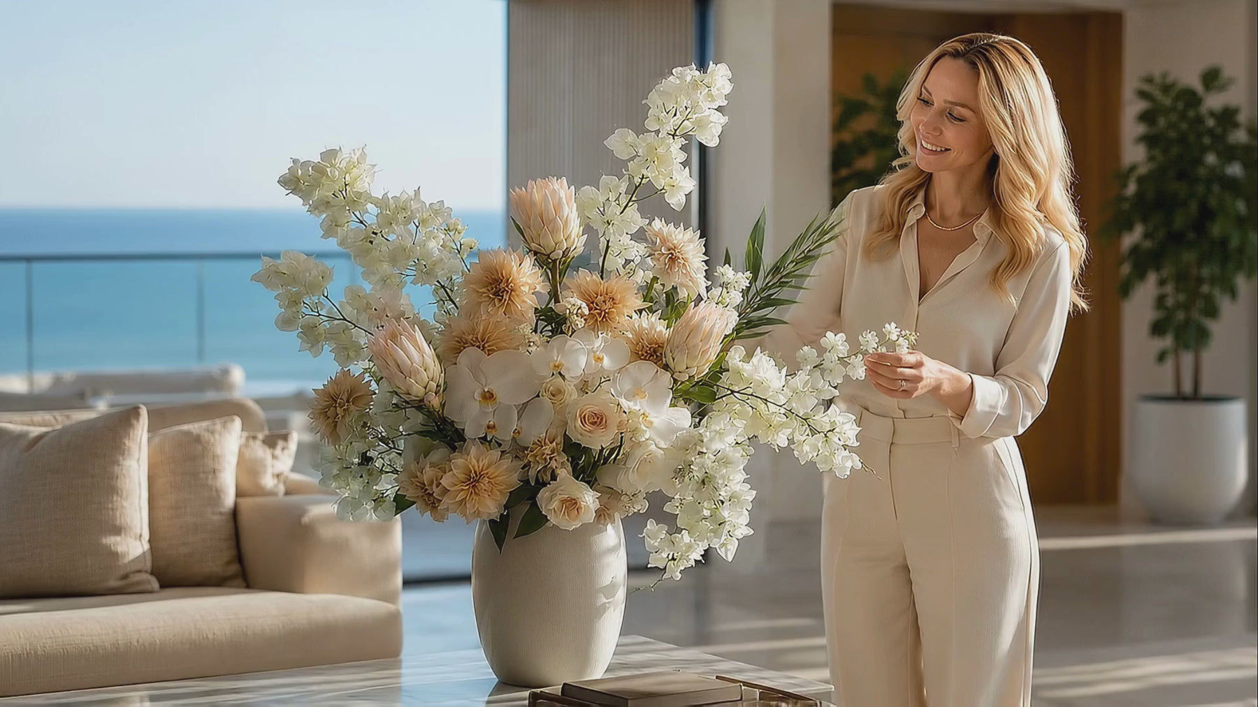 Mel with Luxury bougainvillea and protea floral arrangement in a luxury coastal home - True Bloom Floral 
