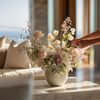 Hand arranging flowers in a vase on a table with a blurred background