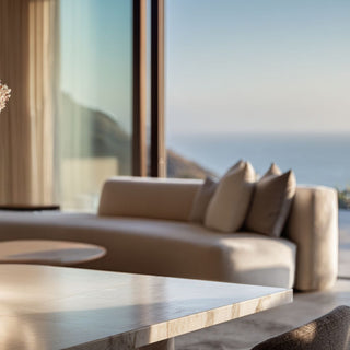 True Bloom Floral photo on a plain marble surface in a luxury modern home with ocean views