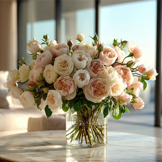 Luxury faux blush and ivory rose bouquet in a clear glass vase on a marble table, styled in a bright modern coastal home with soft natural sunlight, elegant high-end home decor floral arrangement