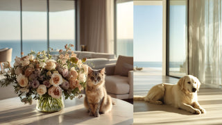 Luxury pet-friendly faux floral arrangement in a glass vase styled on a marble table beside a cat, with a dog resting nearby in a bright coastal living room with ocean view and soft natural sunlight, safe florals & flowers for pets
