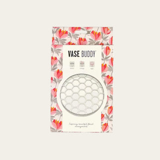 Vase Buddy silicone floral grid packaging showing flexible insert used for arranging faux and fresh flowers in vases