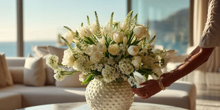 woman styling a Large floral arrangement styled in a textural white vase for the vase pairing guide by True Bloom Floral