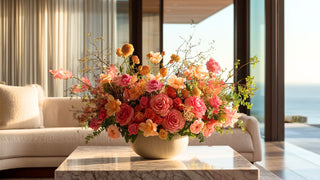 Colorful flower arrangement on a marble table with a modern interior background