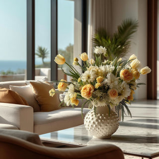 Full floral arrangement of tulips and roses in soft yellow and buttercream tones in a wide opening textured ceramic vase, styled on a marble table in a modern coastal living room
